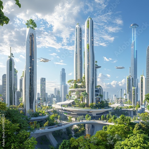 Futuristic eco city with green architecture and flying vehicles under a blue sky
