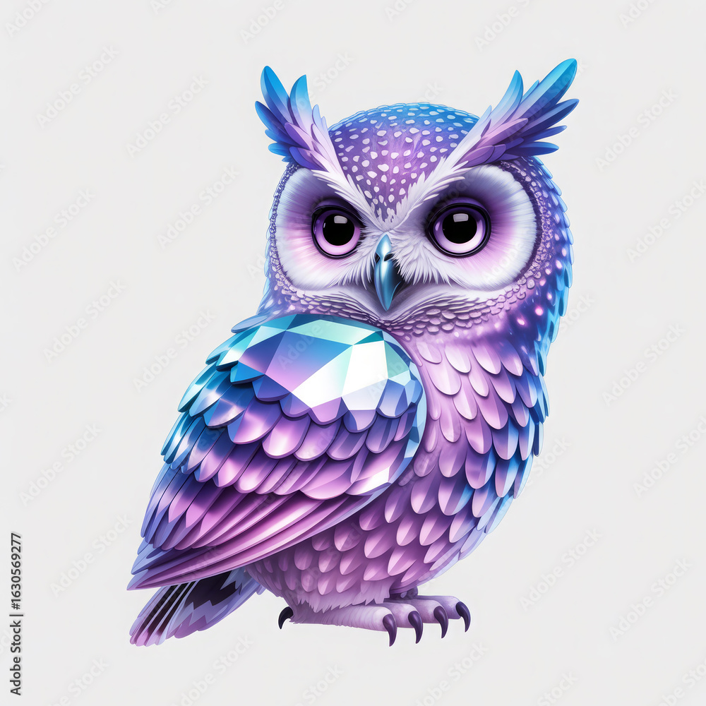 Obraz premium Whimsical Owl Illustration with Jewel Details in Shades of Purple and Blue Artwork Style Portrait