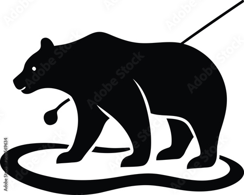 Bear silhouette with fishing rod and lure isolated on transparent background