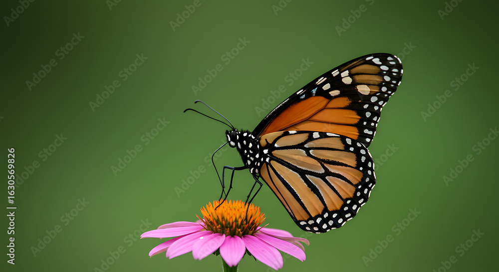 Fototapeta premium Monarch Butterfly on Pink Coneflower, Serene Nature Scene, Vibrant Colors, Detailed Macro Photography.