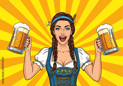 A vibrant pop art illustration of a pin-up woman in a Dirndl, holding two frothy beer mugs, celebrating the Oktoberfest Beer Festival