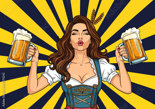 A vibrant pop art illustration of a pin-up woman in a Dirndl, holding two frothy beer mugs, celebrating the Oktoberfest Beer Festival