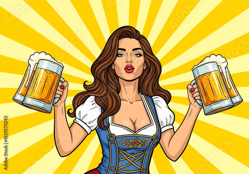 A vibrant pop art illustration of a pin-up woman in a Dirndl, holding two frothy beer mugs, celebrating the Oktoberfest Beer Festival