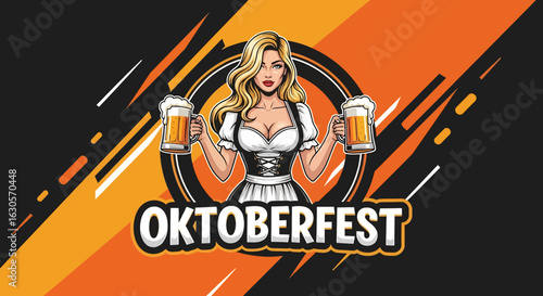 A vibrant illustration of a woman in a traditional Dirndl, raising two beers to celebrate the Oktoberfest Beer Festival