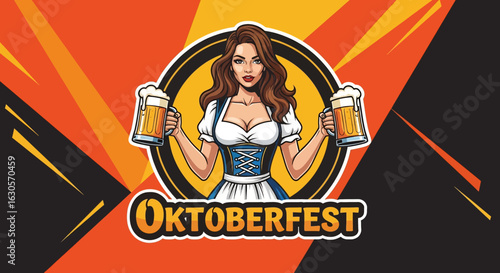 A vibrant illustration of a woman in a traditional Dirndl, raising two beers to celebrate the Oktoberfest Beer Festival