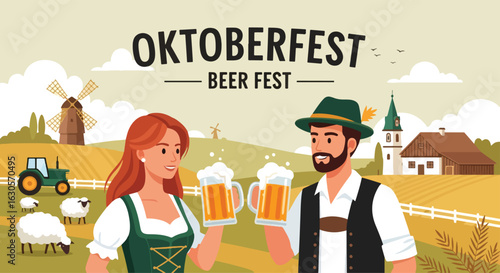 Happy man and woman toasting with beer mugs in traditional dress, celebrating the Oktoberfest Beer Festival in a rural setting