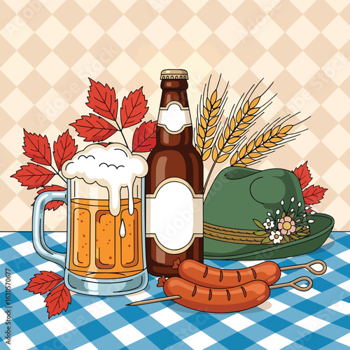 Adobe Illustrator Artwork A classic Oktoberfest feast illustration with a beer stein, bottle, sausages, a Bavarian hat, and wheat on a checkered tablecloth