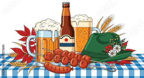 Adobe Illustrator Artwork A classic Oktoberfest feast illustration with a beer stein, bottle, sausages, a Bavarian hat, and wheat on a checkered tablecloth