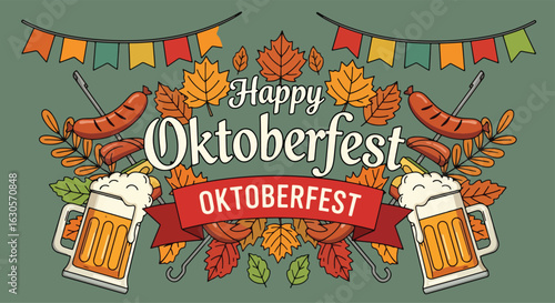 Adobe Illustrator Artwork Oktoberfest wallpaper illustration with beer mugs, sausages, autumn leaves, and Bavarian flag bunting, celebrating the beer festival
