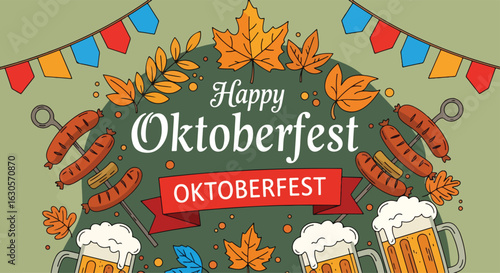 Adobe Illustrator Artwork Oktoberfest wallpaper illustration with beer mugs, sausages, autumn leaves, and Bavarian flag bunting, celebrating the beer festival