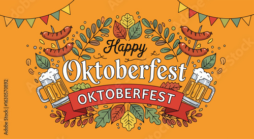 Adobe Illustrator Artwork Oktoberfest wallpaper illustration with beer mugs, sausages, autumn leaves, and Bavarian flag bunting, celebrating the beer festival