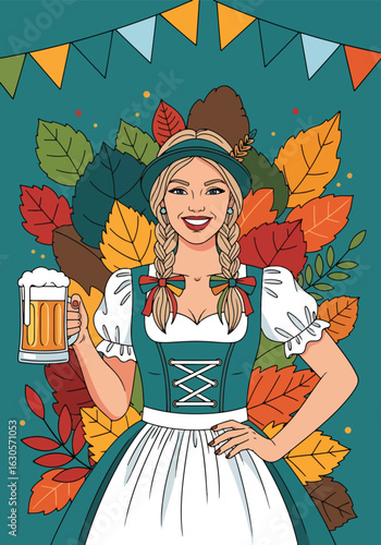 Adobe Illustrator Artwork Happy Oktoberfest! Woman in traditional Dirndl dress holding a large beer mug at the festive beer festival