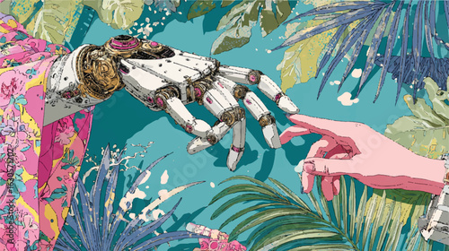 Robot Hand Touching Human Hand in Lush Tropical Setting Depicting Connection and Technology with Beautiful Floral Patterns