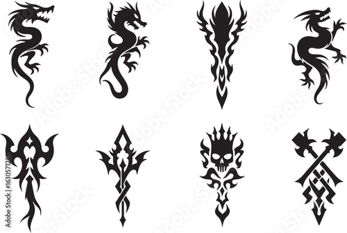 Tribal Vertical Dragon Tattoo Design vector bundle
