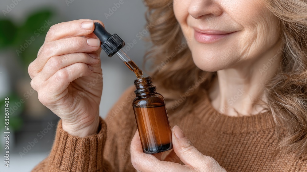 Fototapeta premium An attractive woman smiles while applying essential oil with a dropper, bathed in warm golden hour light in a serene setting