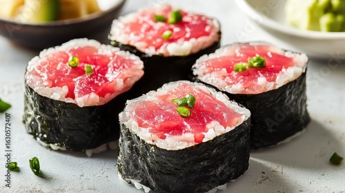 Wallpaper Mural Fresh Tuna Sushi Rolls on White Surface with Bright Garnish Torontodigital.ca