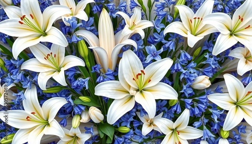 Elegant white lilies and delicate bluebells intertwine in a repeating floral pattern,  pretty,  texture