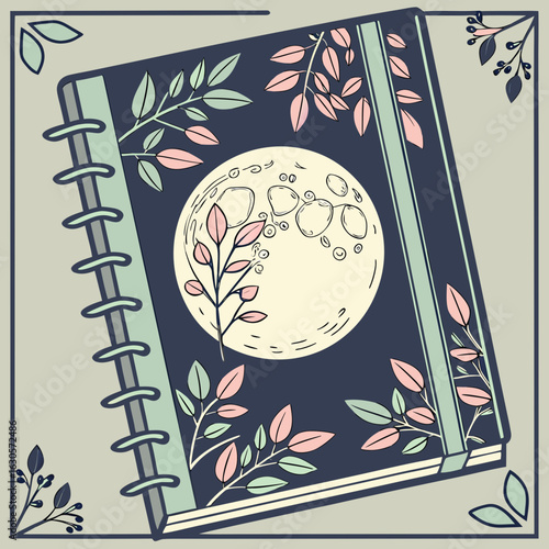 Moonlit Journal: A meticulously illustrated journal, adorned with botanical motifs, a captivating full moon, and delicate leafy elements, encapsulates the essence of introspective moments. 