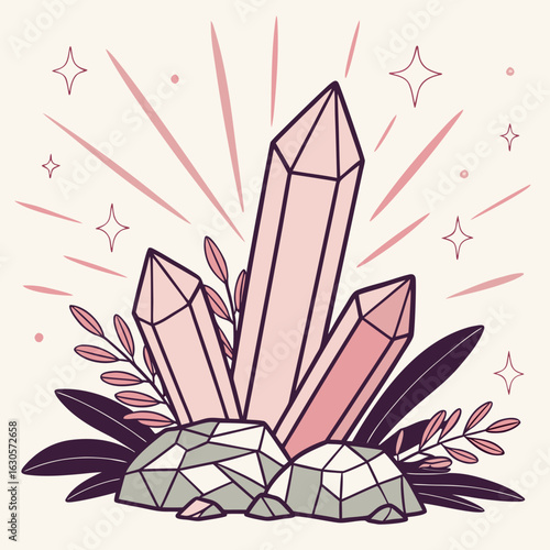 Rose Quartz Crystal Collection: An artistic rendering of glistening rose quartz crystals and radiant geometric gemstones, harmonizing with fresh leafy accents and radiating beams of light.