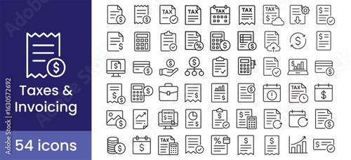 Tax and invoice icon set for business finance, including payment, money, report, calculator, and receipt symbols