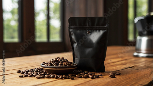 plain black standing pouch with coffee beans around it on a wooden table