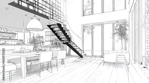 Sketch Style Interior Design with Open Floor Plan Kitchen and Living Room featuring Staircase and Large Windows for a Modern Home