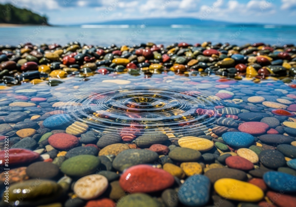 Obraz premium Colorful Pebbles at Lakeside with Water Ripples and Reflections under a Cloudy Sky creating a Serene and Peaceful Natural Scene