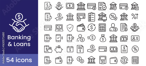 Banking and loan icon set for business finance, with money, payment, bank, and card symbols