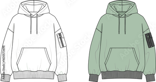 CAD drawing flat vector illustration of zippered hooded sweatshirt, front and sleeve pockets, ribbed cuffs and hem, casual fashion sketch