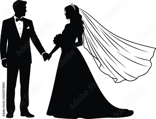 Bride and groom wedding couple silhouette holding hands with veil