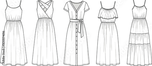 Vector CAD sketch of five women’s dresses featuring varied necklines, straps, ruffle and tiered details, gathered waists, front views