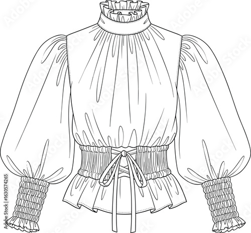 Vector CAD sketch of women’s blouse with ruffled high collar, puffed sleeves, smocked cuffs, tie waist, and peplum hem