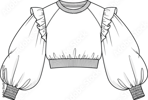 Vector CAD sketch of women’s cropped sweater with puff raglan sleeves, ruffle accents, ribbed cuffs and hem, round neckline