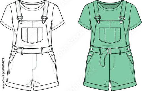 Vector fashion CAD drawing of short overalls with belt, rolled hems, adjustable straps, paired with short-sleeved shirt, front view
