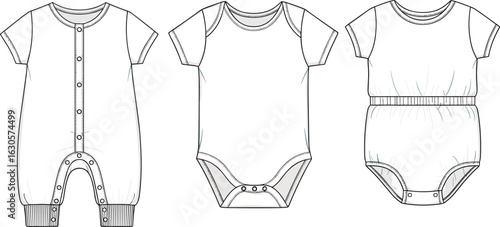 Vector fashion CAD drawing of short-sleeved baby onesies with snap closures and elastic details, front view romper illustrations
