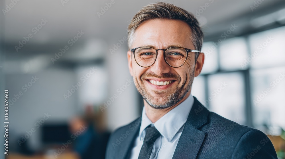 Fototapeta premium A businessman stands in a contemporary office space, wearing a tailored suit and glasses, exuding confidence and friendliness while smiling warmly during office hours.