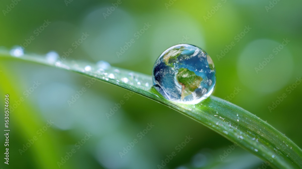 A water droplet rests on a blade of grass, capturing a beautiful reflection of the surrounding green environment during the early morning hours. The light enhances the clarity of the droplet. A water droplet rests on a blade of grass, capturing a beautiful reflection of the surrounding green environment during the early morning hours. The light enhances the clarity of the droplet.