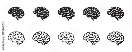 Human Brain Icon Set — Minimalist Line & Silhouette Brain Symbols on White Background

