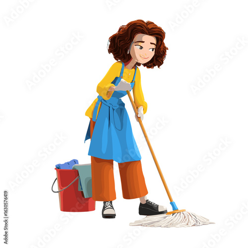 A woman cleaning floor with mop.