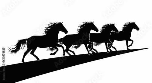 Running mustang horses herd black and white vector silhouette stock