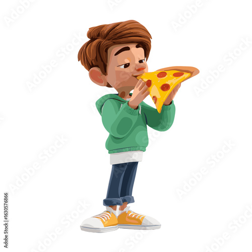 Young boy in green clothes eating pizza in hand.