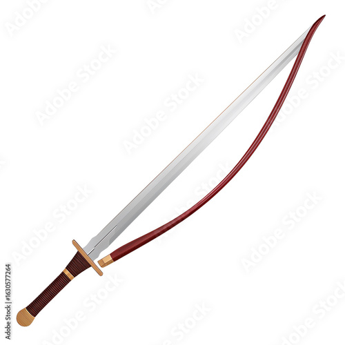 Traditional curved sword with a wooden handle and polished blade  