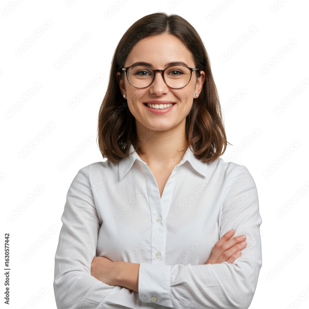 Obraz premium Smiling young professional woman wearing glasses and a white button up shirt with arms crossed isolated on transparent background
