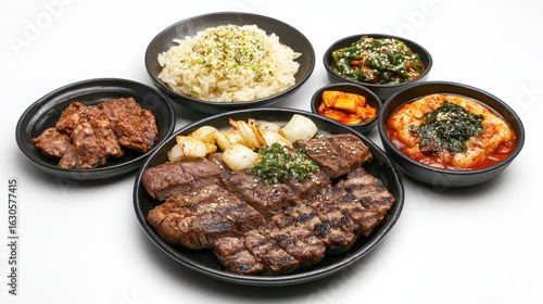 Delicious Korean BBQ Feast with Grilled Meat and Side Dishes