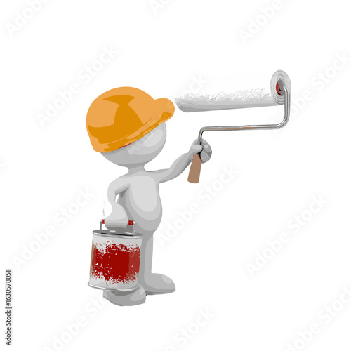 A miniature construction worker painting a wall.