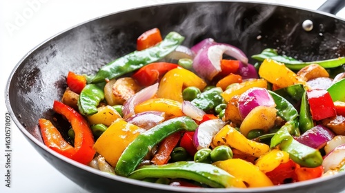 Colorful Stir-Fried Vegetables in a Black Wok on a White Background