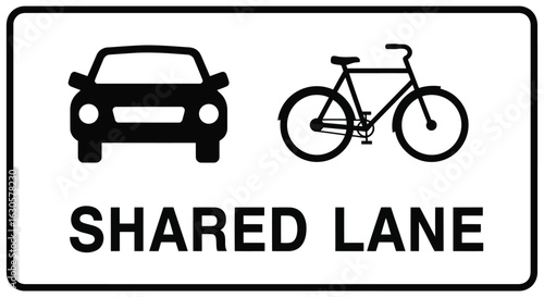 Vector illustration of shared lane traffic sign with car and bicycle icons, indicating a road for both vehicles and cyclists, isolated on white background