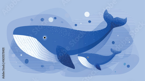Whale Mother with Calf Swimming in the Ocean Depths Illustration Cartoon Style Marine Wildlife Theme Blue Ocean Background