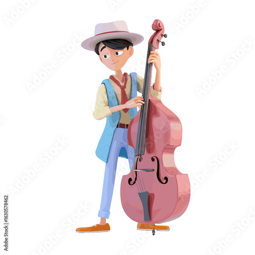 A cartoon illustration of a musician playing the double bass.
