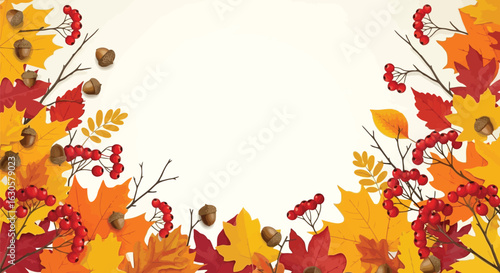 Vector illustration of autumnal border with vibrant red rowan berries and colorful maple leaves, isolated on white background